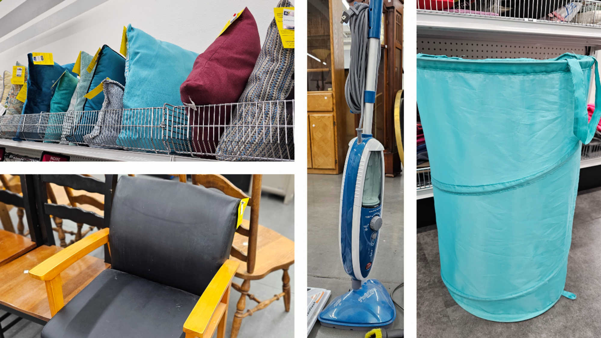 A collage of images showing dorm decor and supplies, including a shelf of decorative pillows, a desk chair, a secondhand vacuum, and a collapsible laundry basket.
